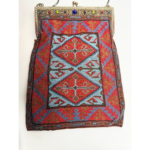 Antique Art Nouveau Edwardian French Cut Steel Hand Beaded Purse w/Jeweled Clasp - Picture 3 of 12